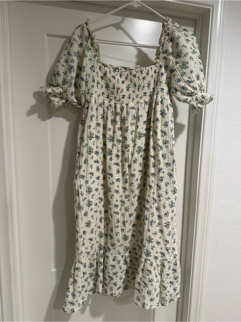 Smocked Square-Neck Floral Midi Dress — Cream with Green Print